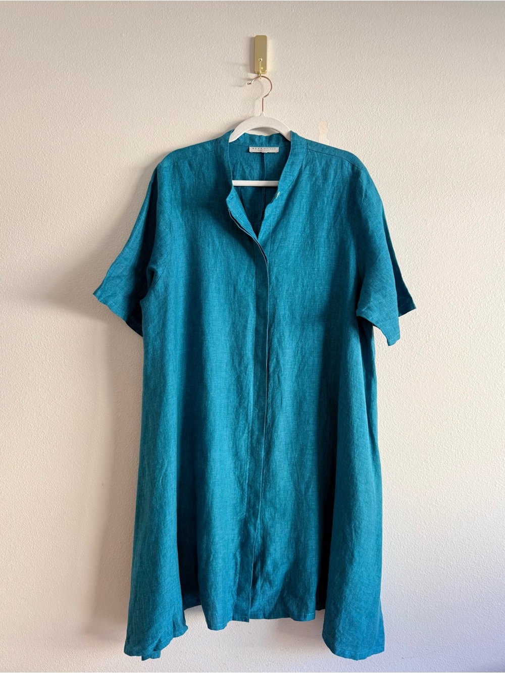 BRYN WALKER 100% Linen teal button down Shirt Dress short sleeve Sz L NWOT